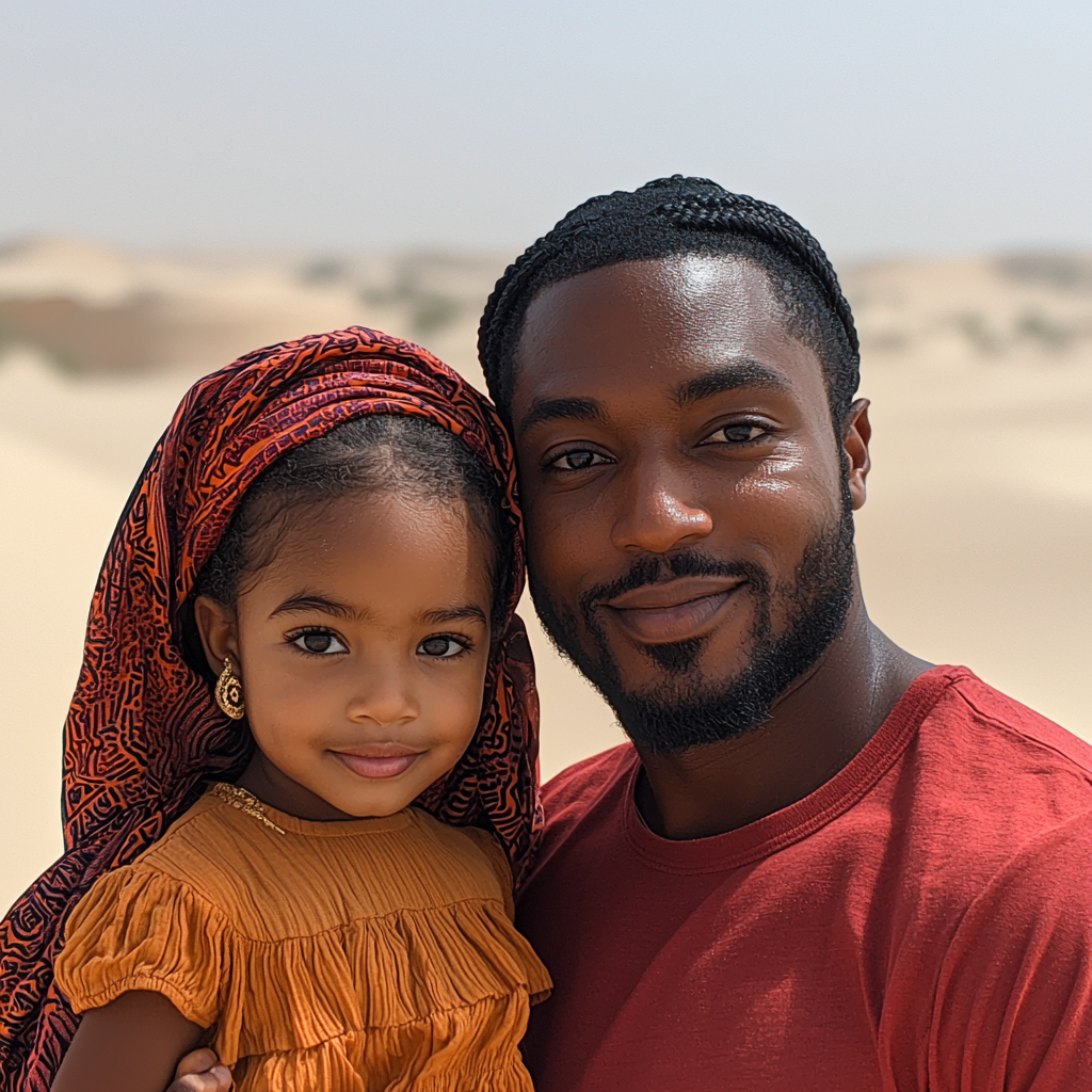 A Black Family in Dubai Desert Poses Happily