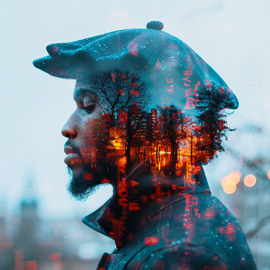 Double Exposure Image of Black Male Graduate in University Campus