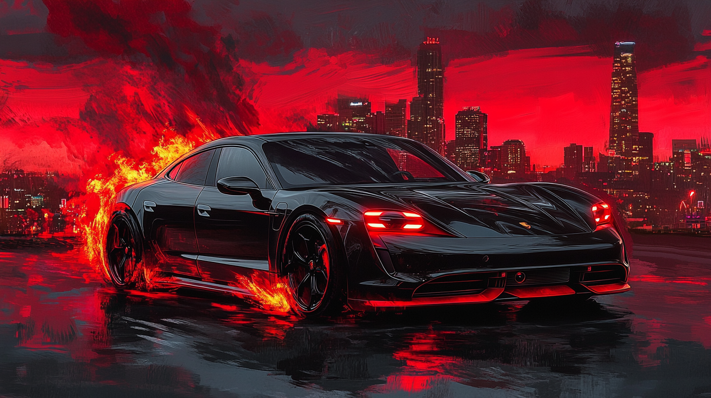 A Black Porsche Taycan in Digital Art Cityscape