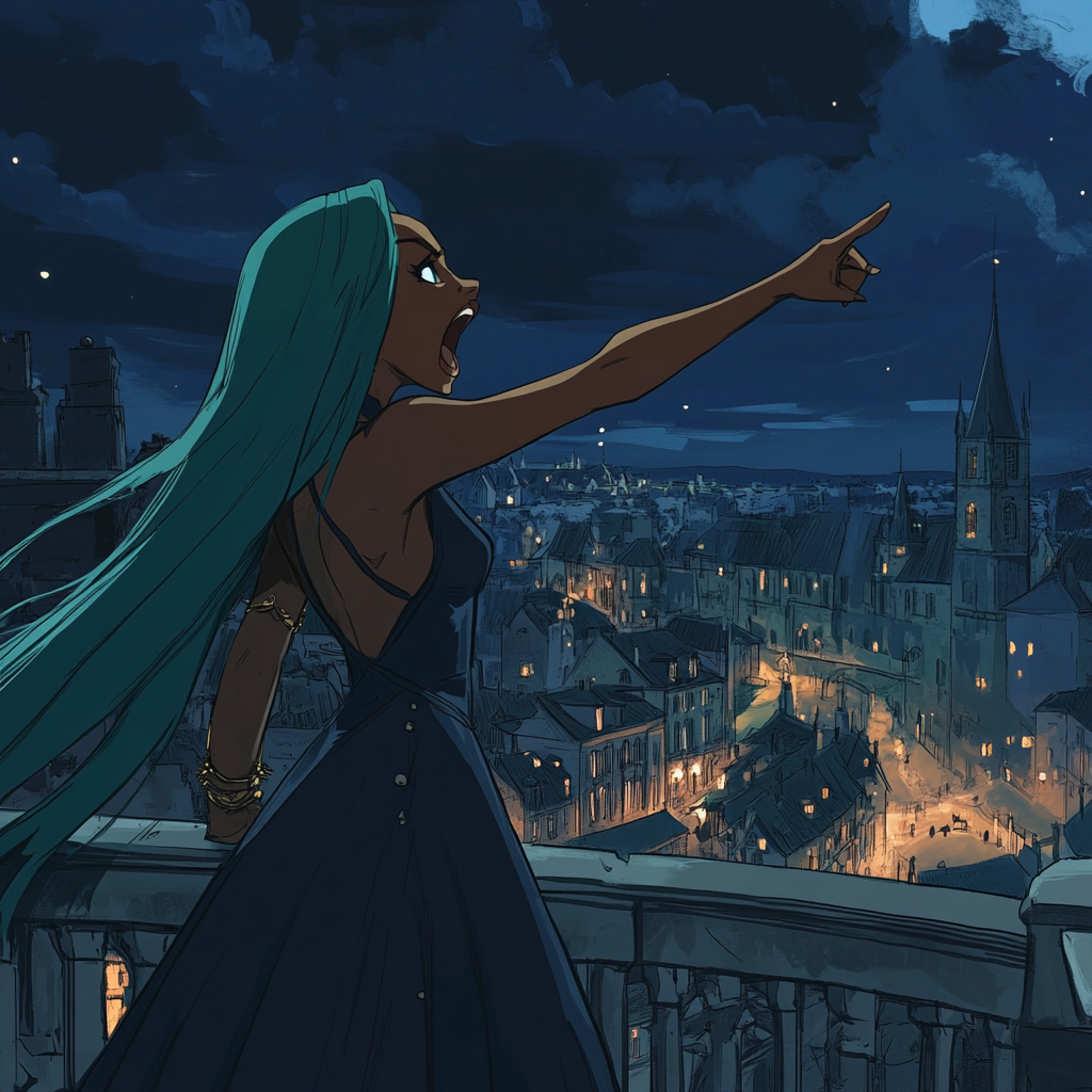 A Black Princess on Castle Balcony at Night