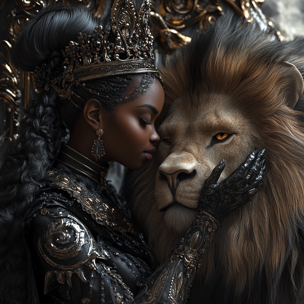 A Black Queen petting her Pet Lion in 8k.