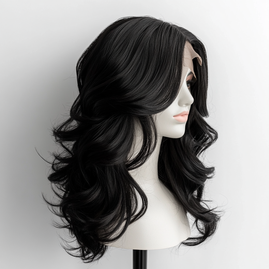 A Black Wig on Mannequin with Deep Part