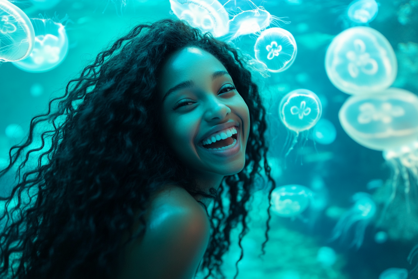 A Black Woman Surrounded by Jellyfish in Aquarium