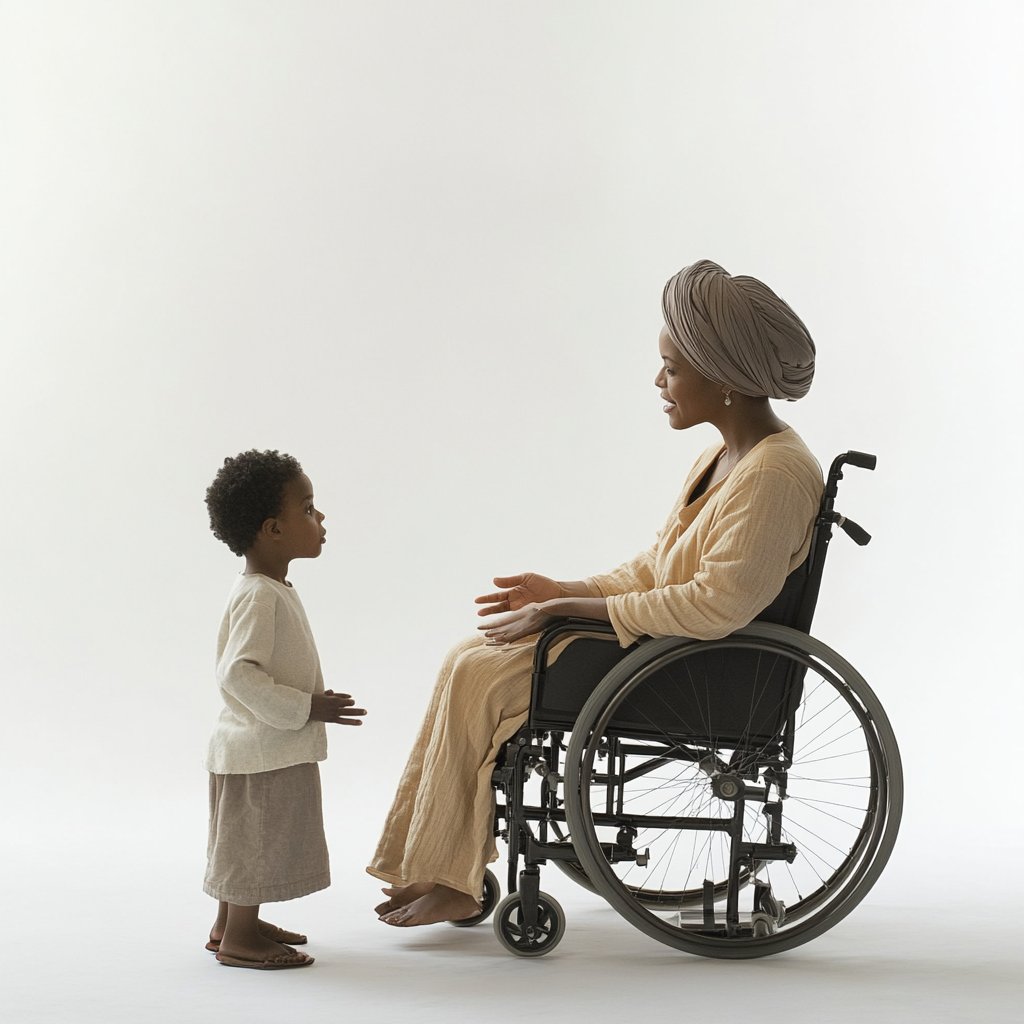 A Black Woman in Turban Talks to Child