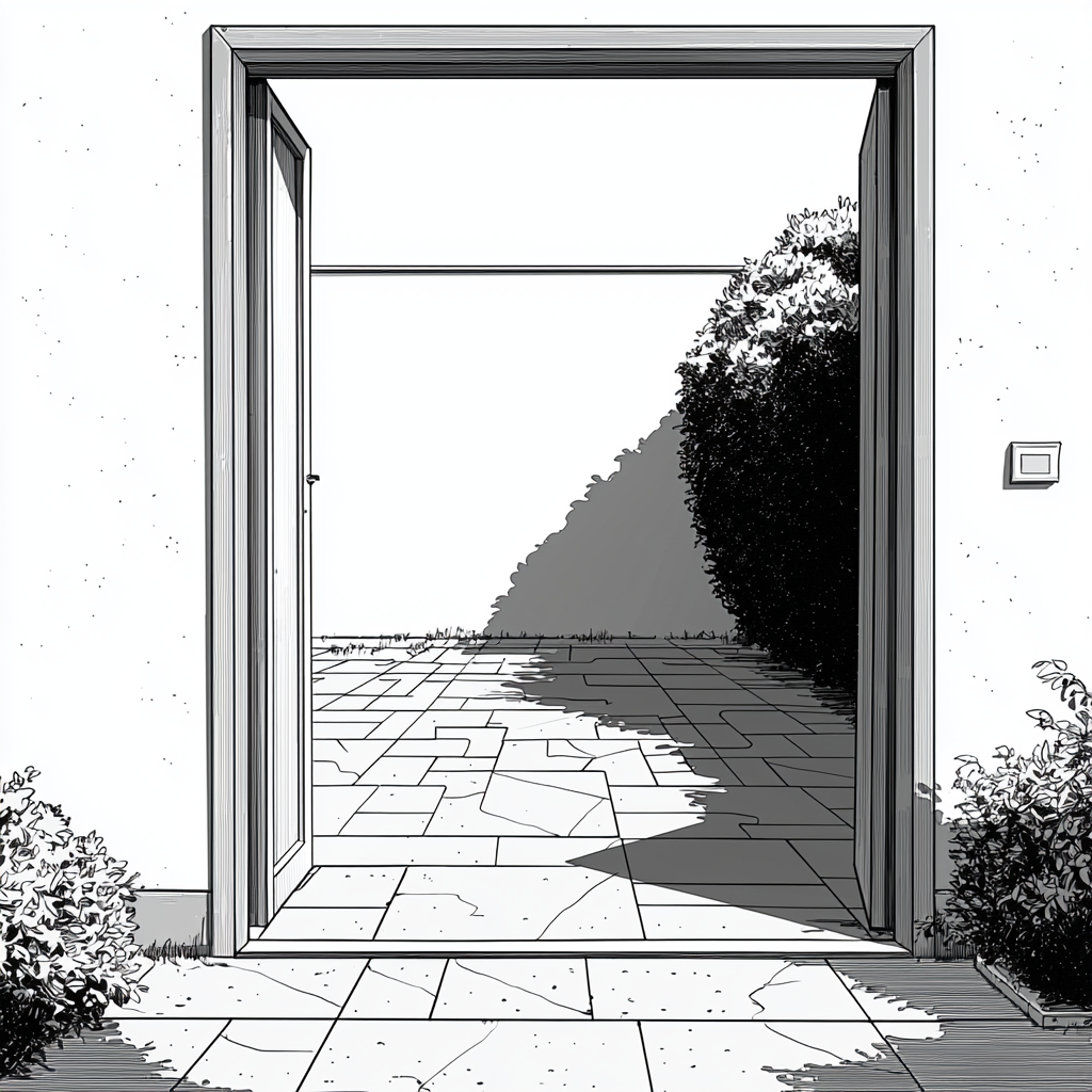 A Black and White Doorway to Empty Courtyard