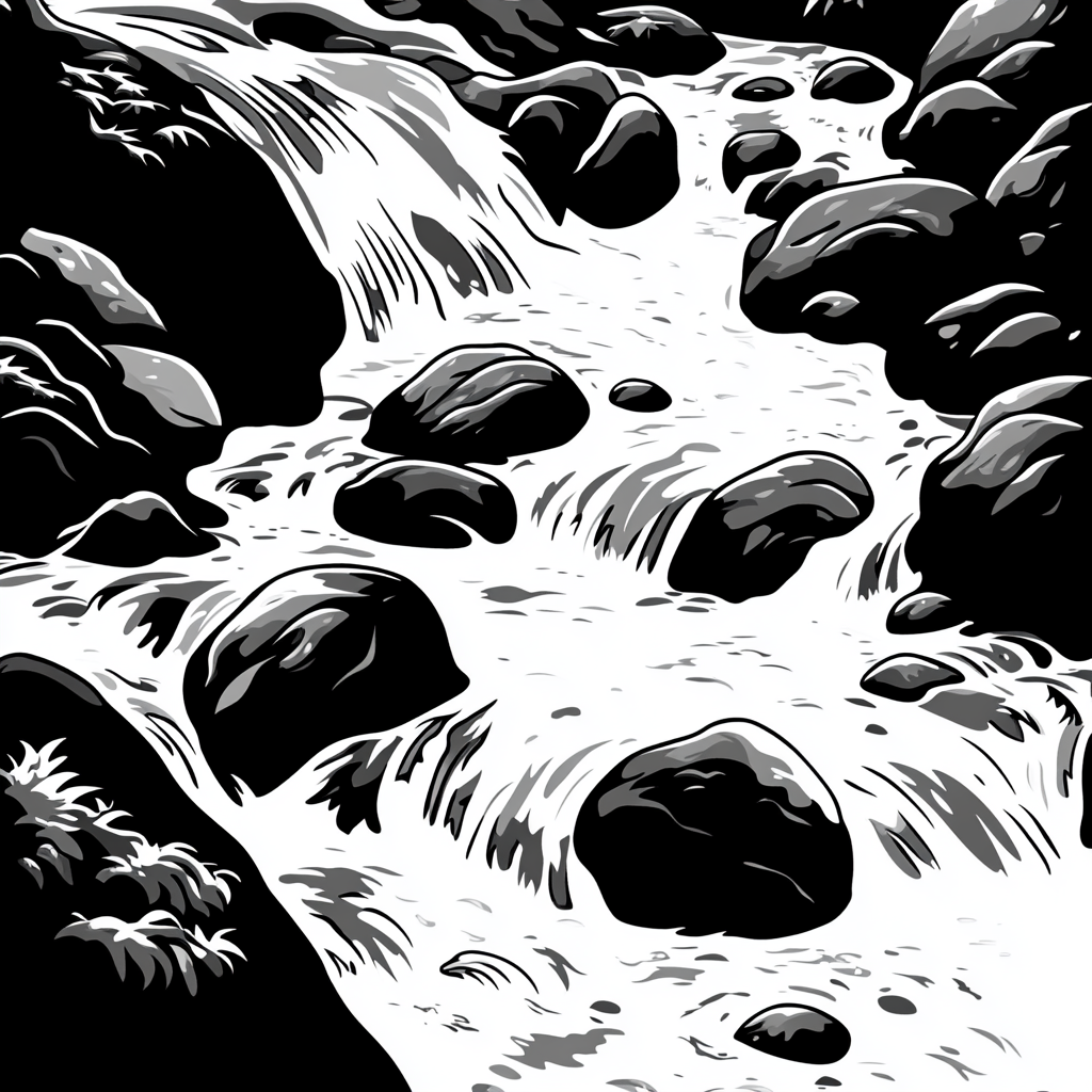 A Black and White River with Rocks