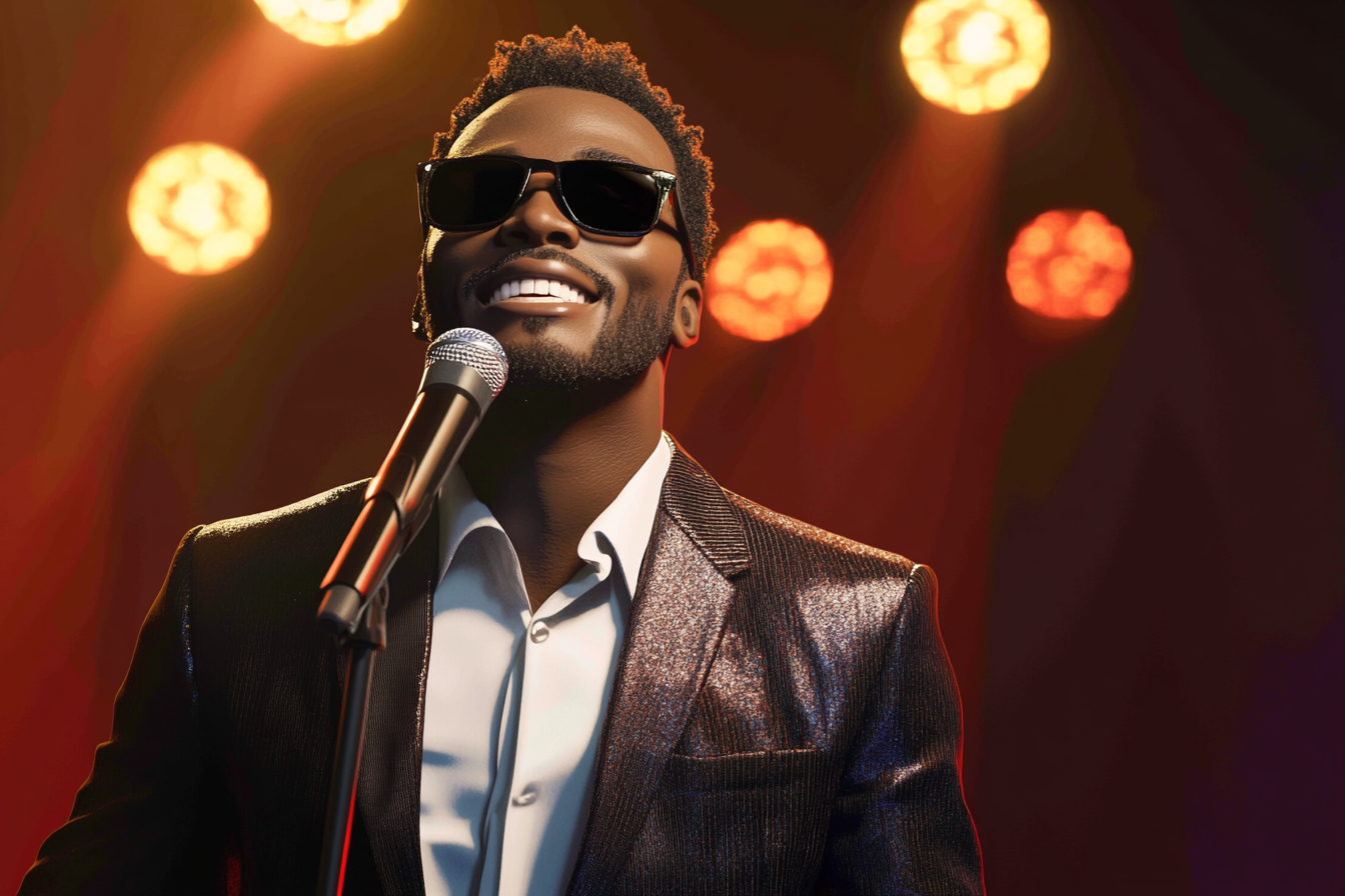 A Black comedian smiling on stage in spotlight