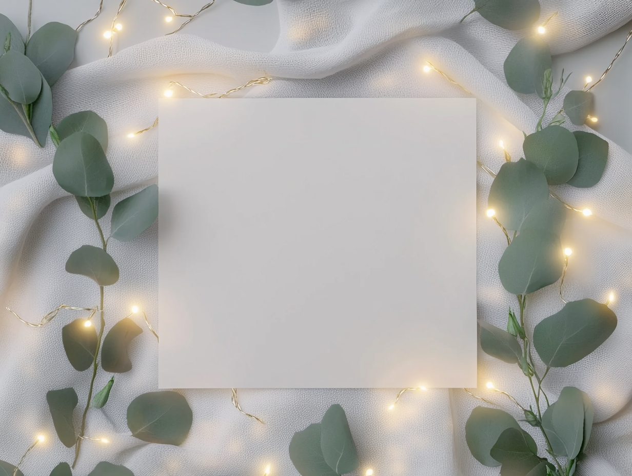 A Blank Postcard, Eucalyptus, and Lights Top View