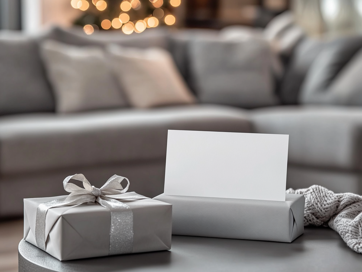 A Blank Postcard and Wrapped Gift on Table