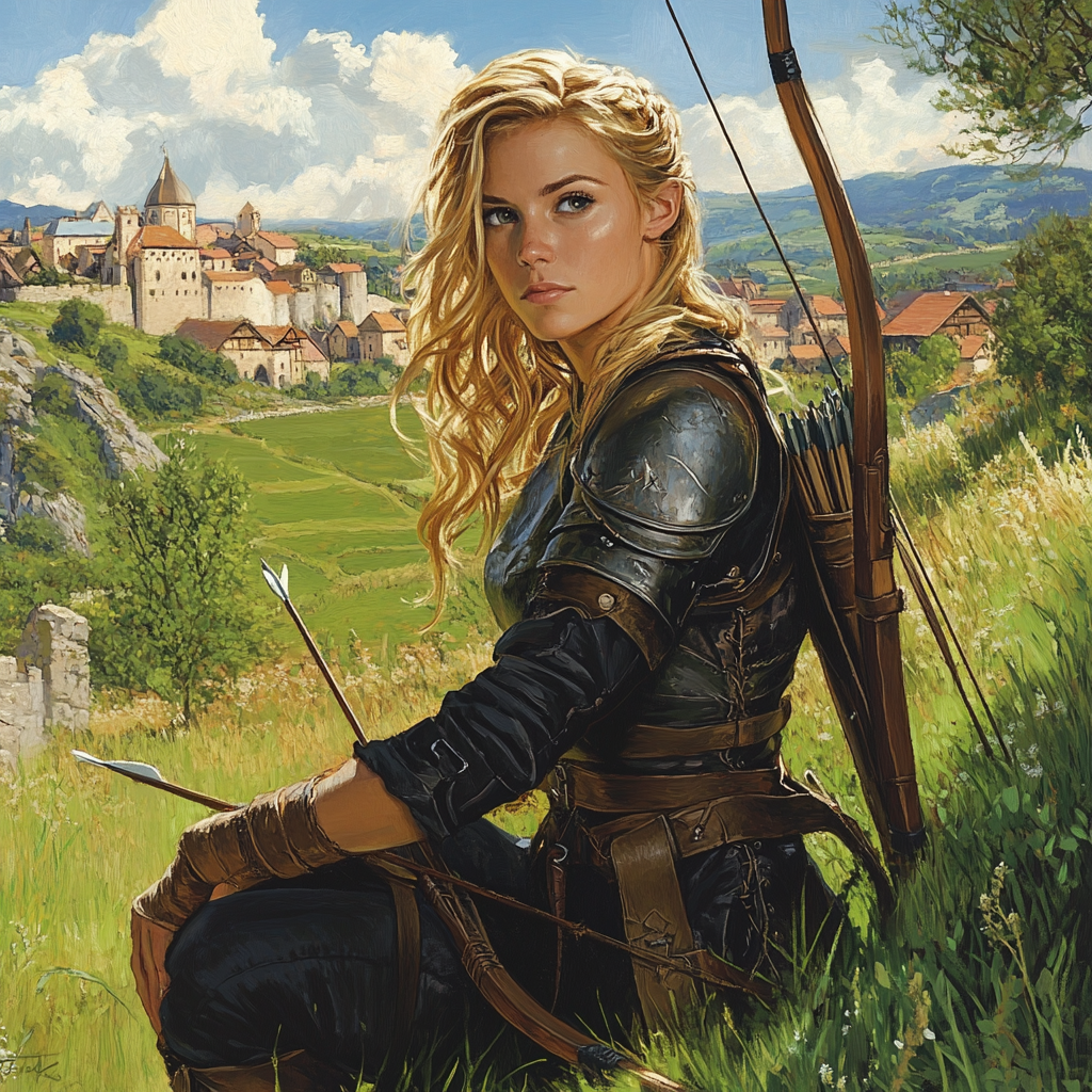 A Blond-Haired Woman in Armor and Bow