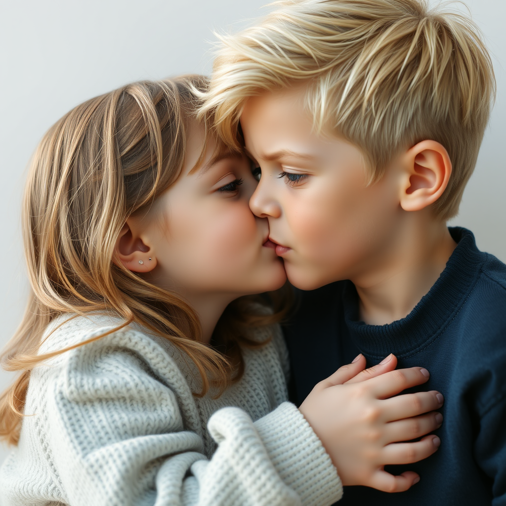 A Blonde Boy Kissing a Brown-Haired Girl