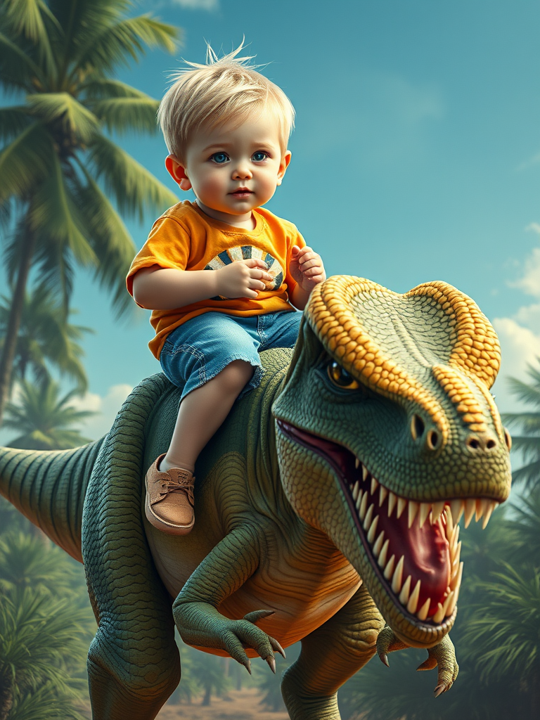 A Blonde Boy Riding a Vibrant T-Rex