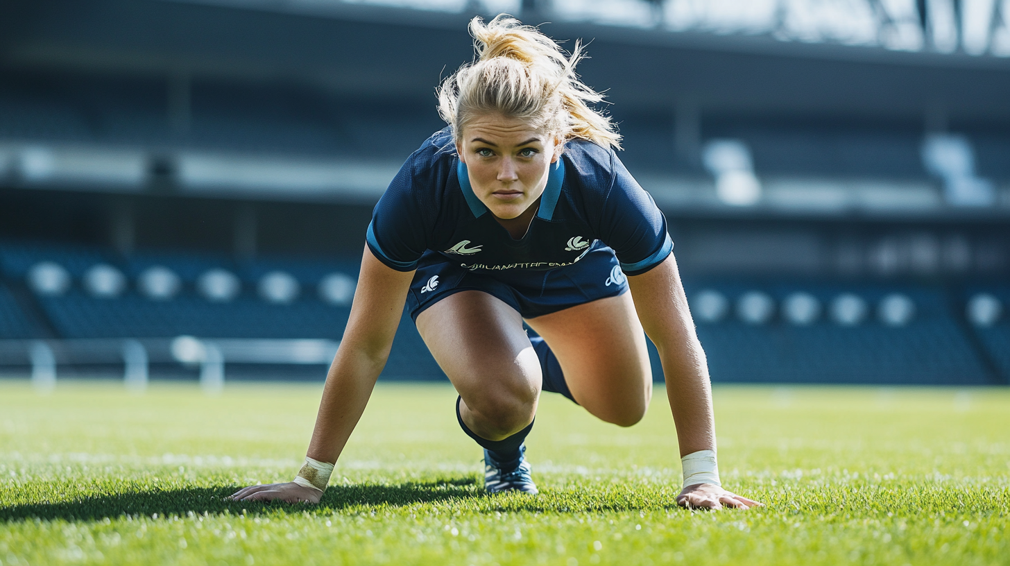 A Blonde Female Rugby Player Preparing for Tackle