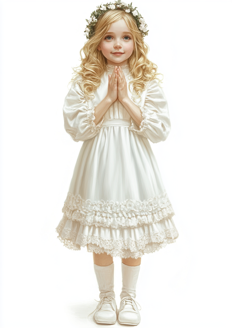 A Blonde Girl in Communion Dress Prayer Pose.