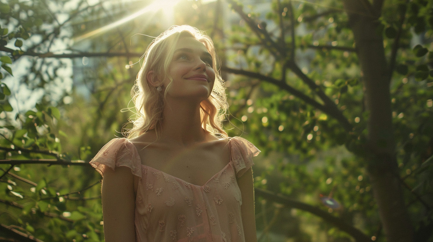 A Blonde Girl in a Pink Dress in Forest