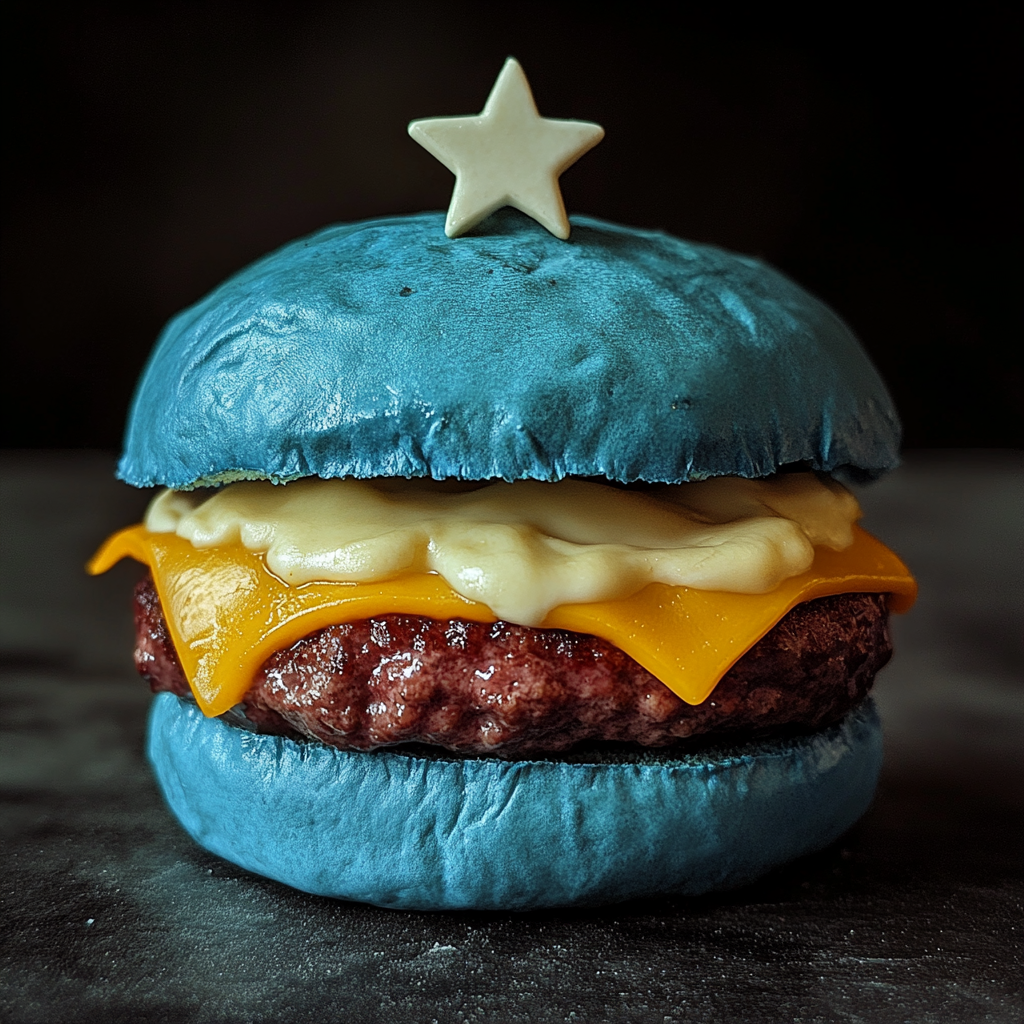 A Blue Cheeseburger with Star on Top Bun