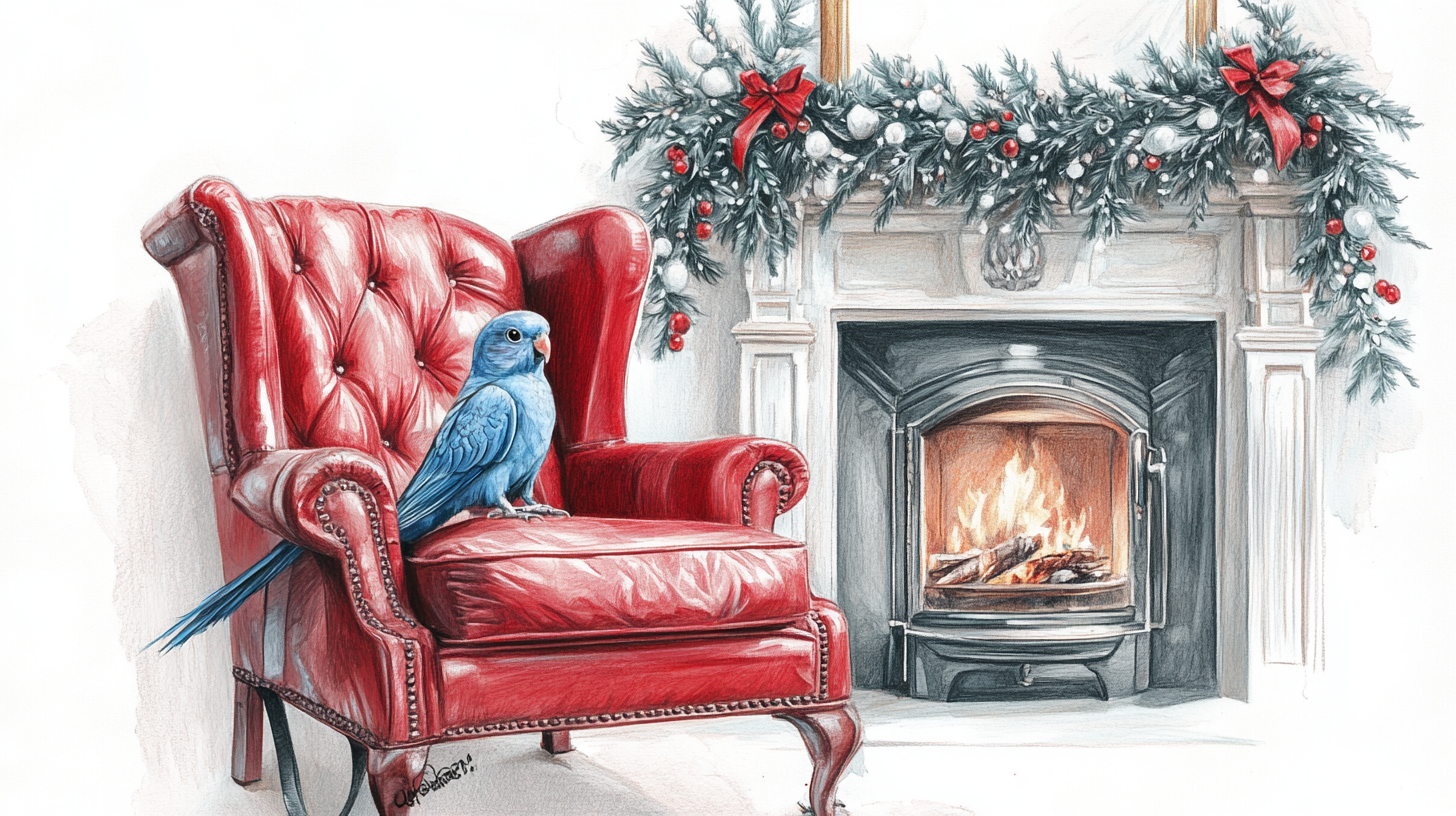 A Blue Cockatiel's Classic Christmas by Fireplace