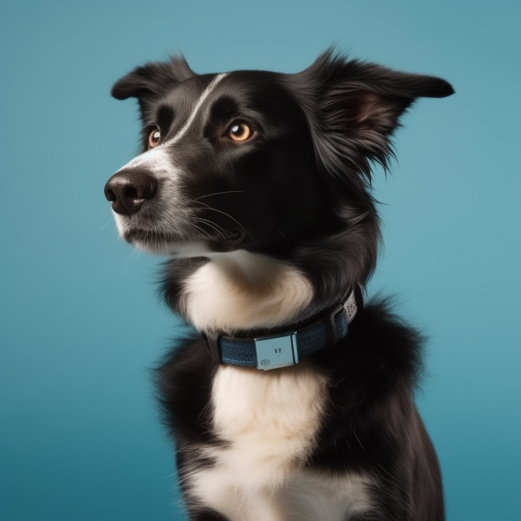 A Border Collie with GPS Collar on Blue Background