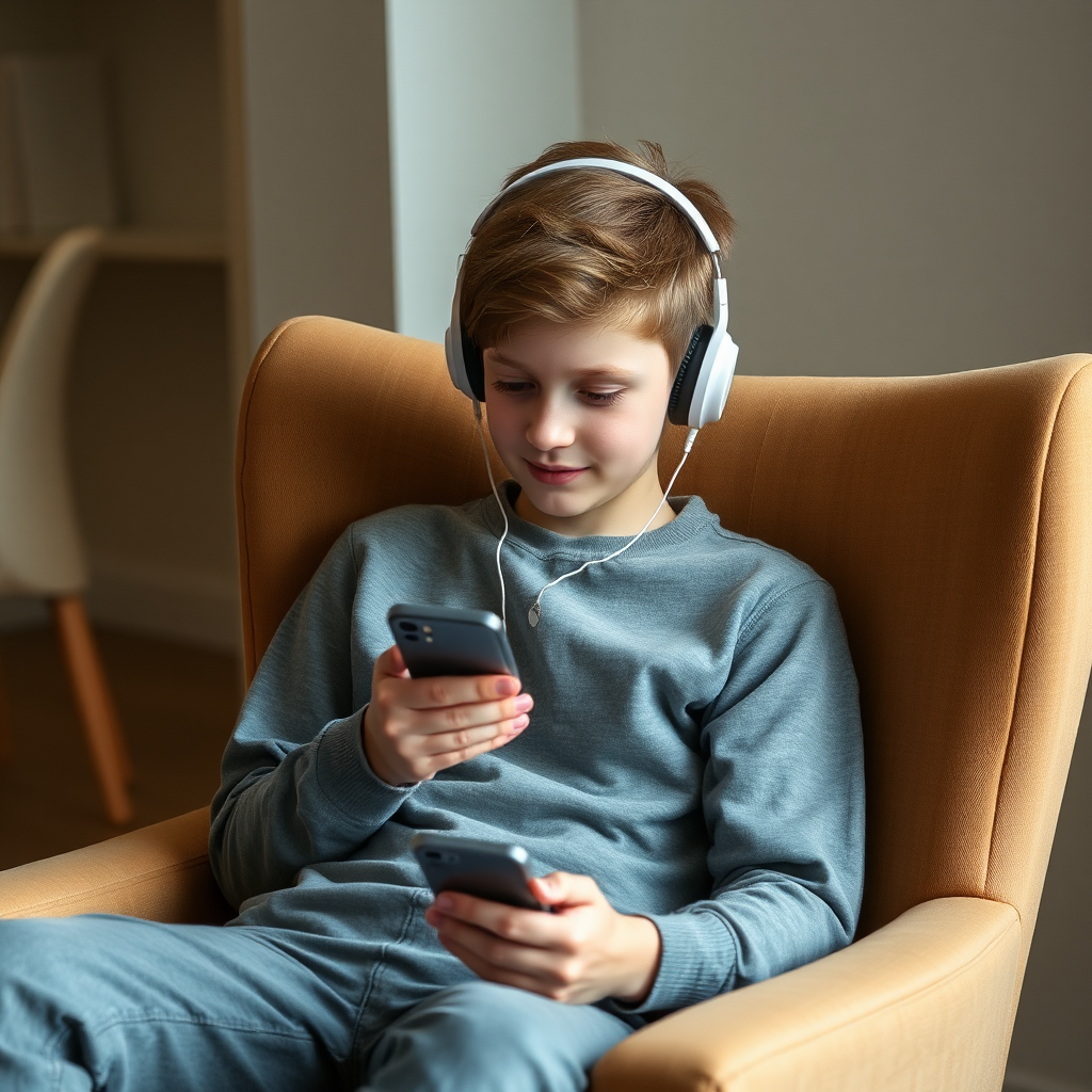 A Boy Sitting on Chair with Phone and Headphones.