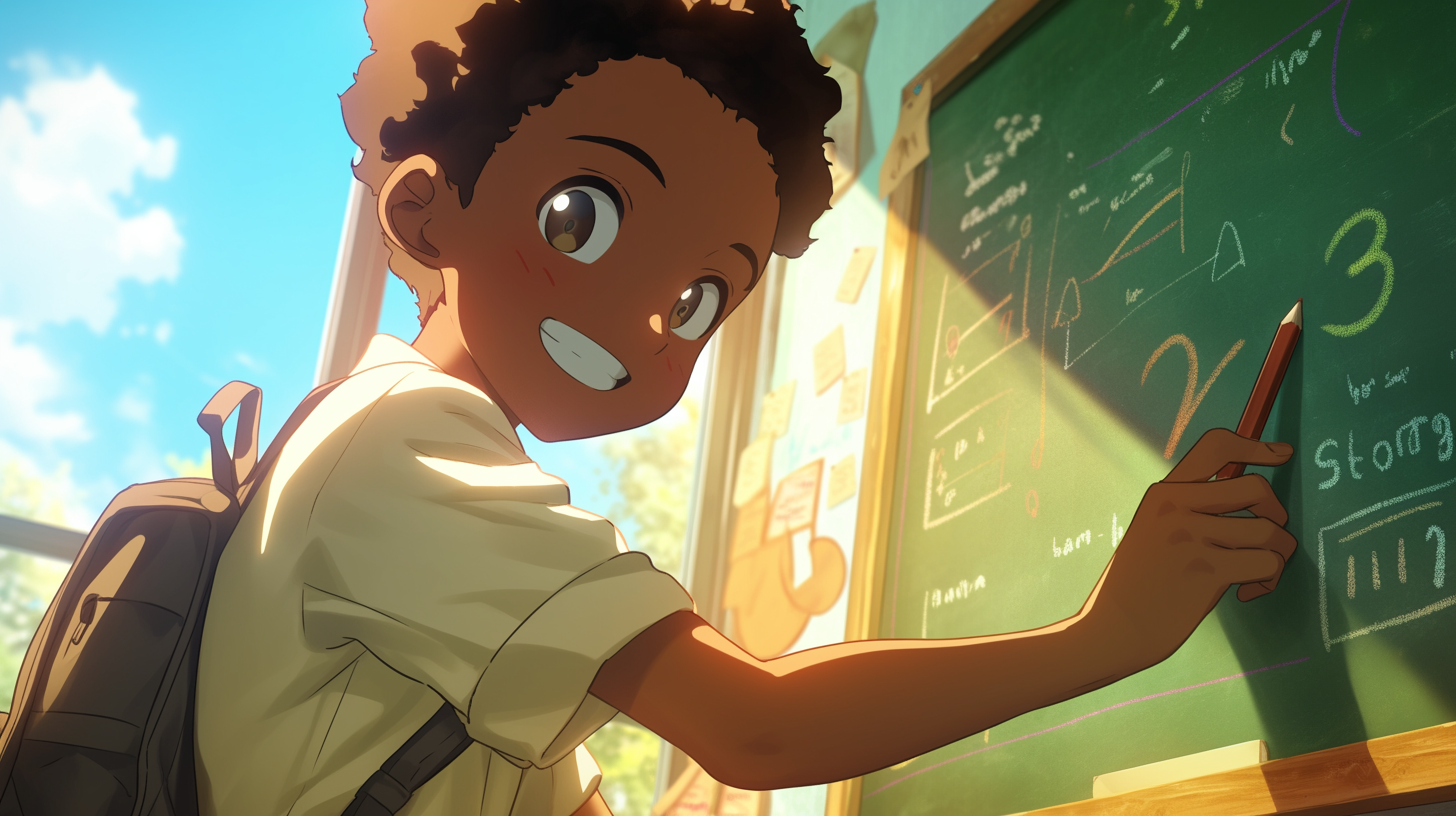 A Boy Smiling, Doing Math on Chalkboard