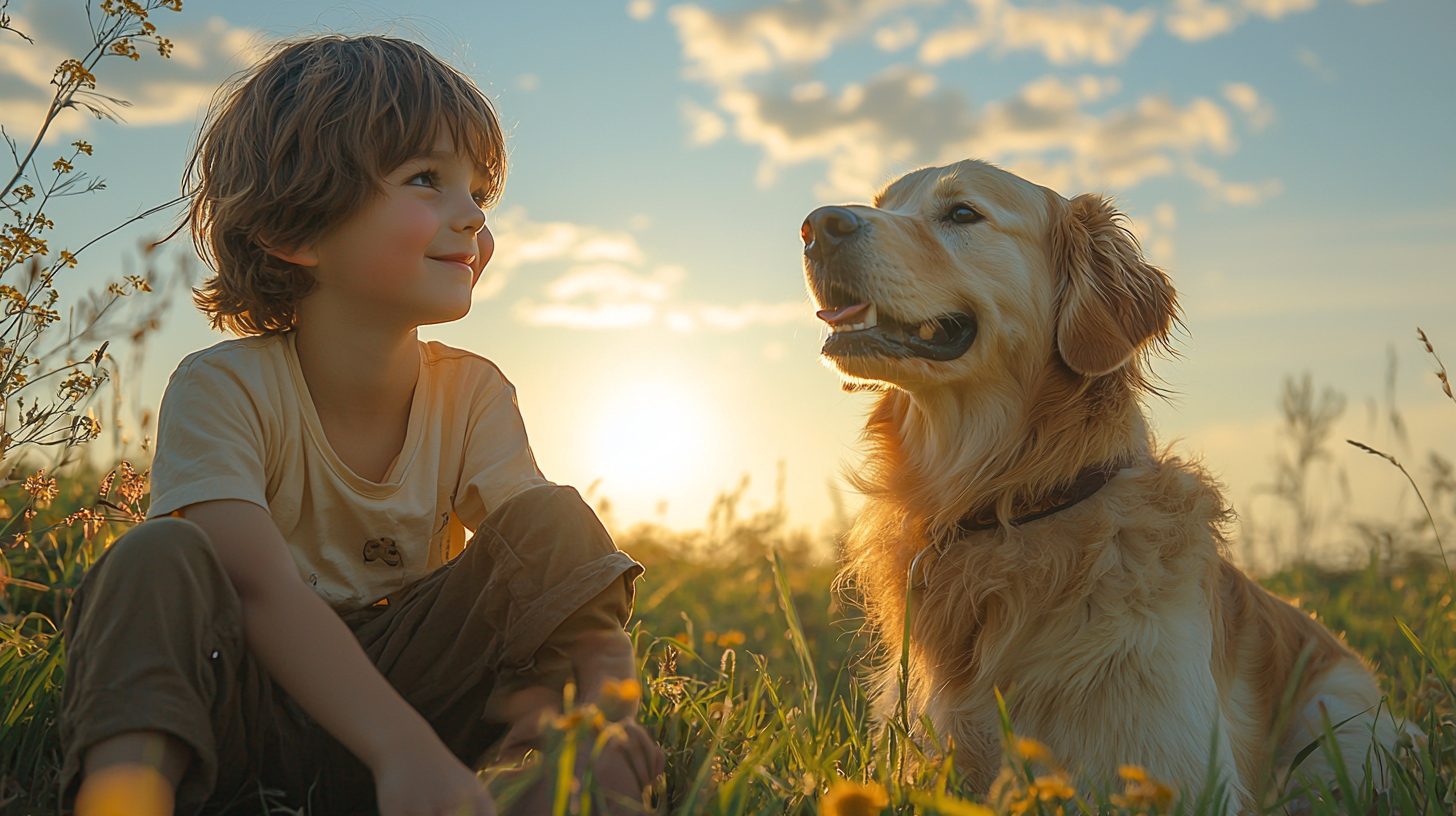 A Boy and His Dog Playing On Field