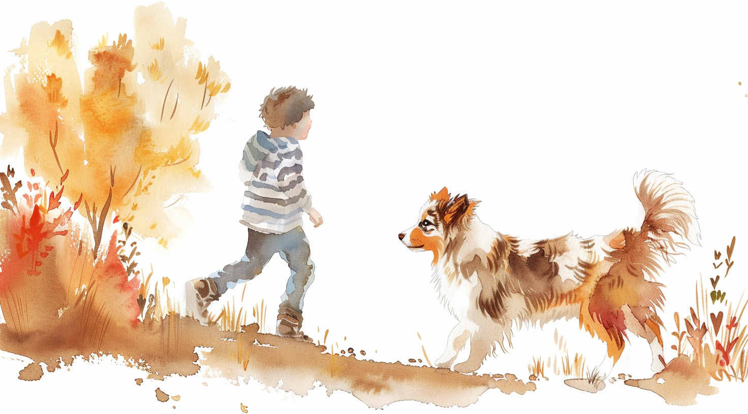 A Boy and Puppy Walking on Pathway