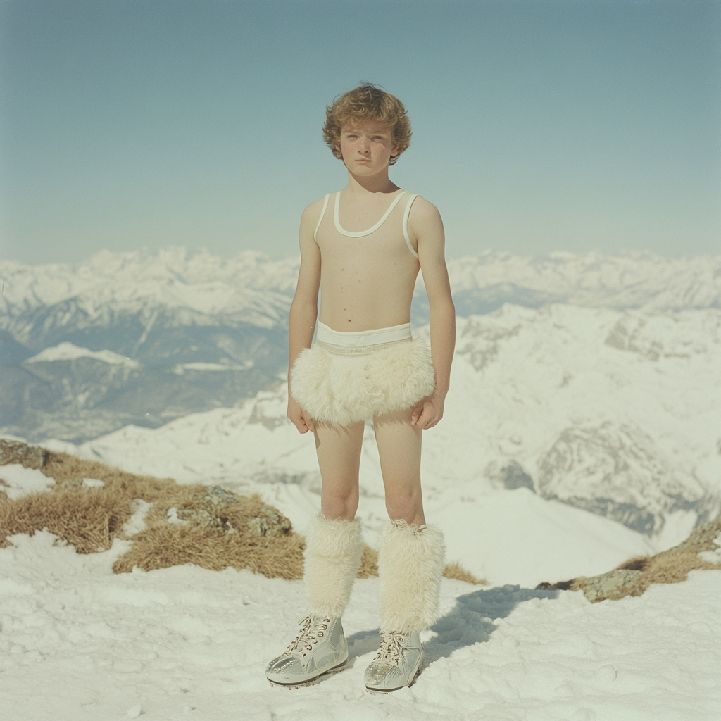 A Boy in Funny Outfit Standing on Snowy Mountain