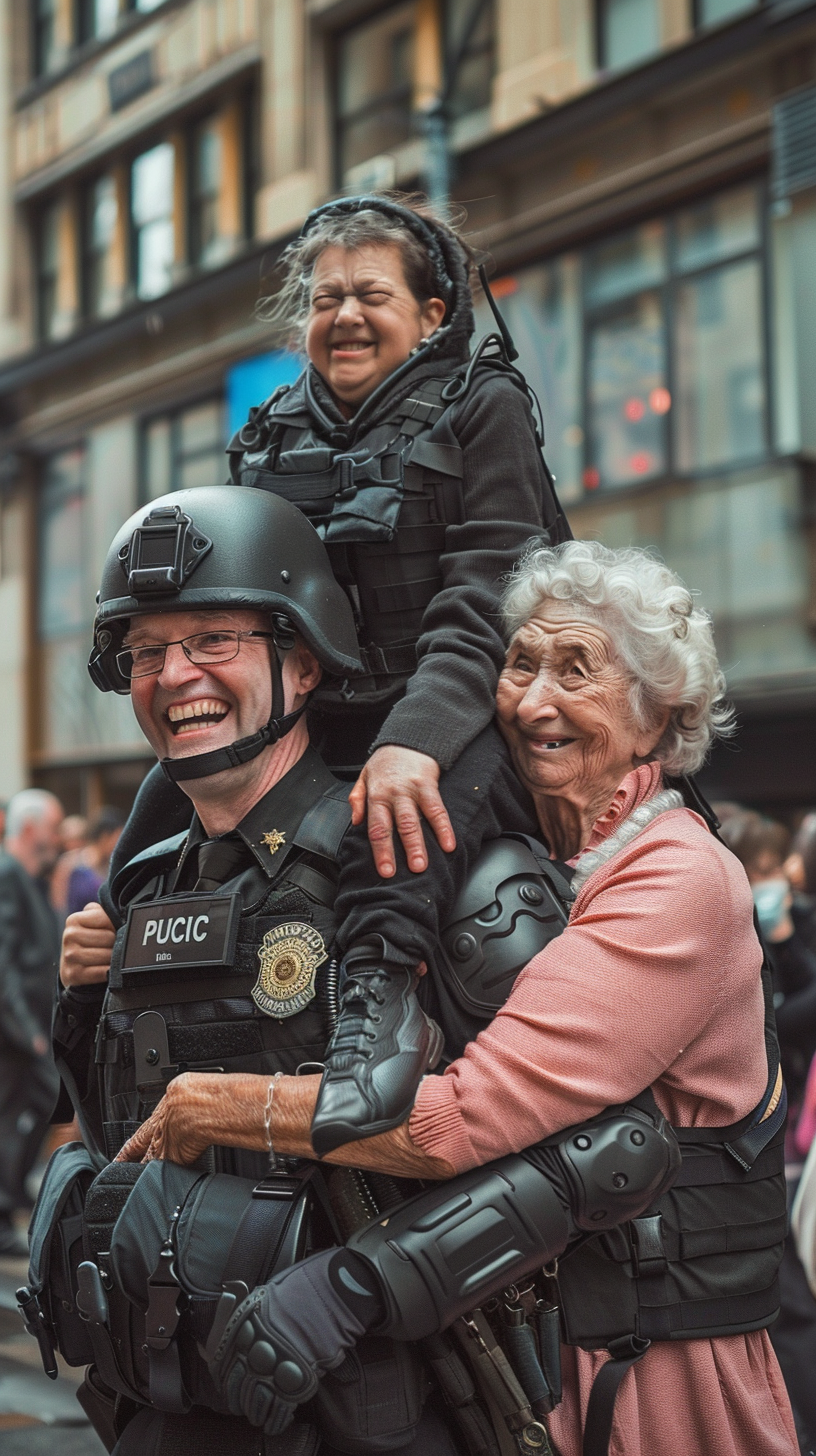 A Brave Officer Carrying Laughing Elderly Lady