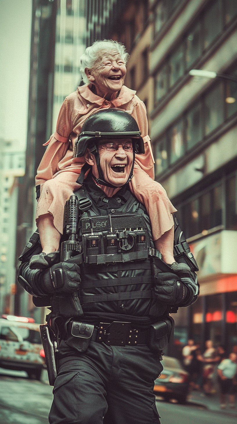 A Brave Police Officer Helping Happy Elderly Lady