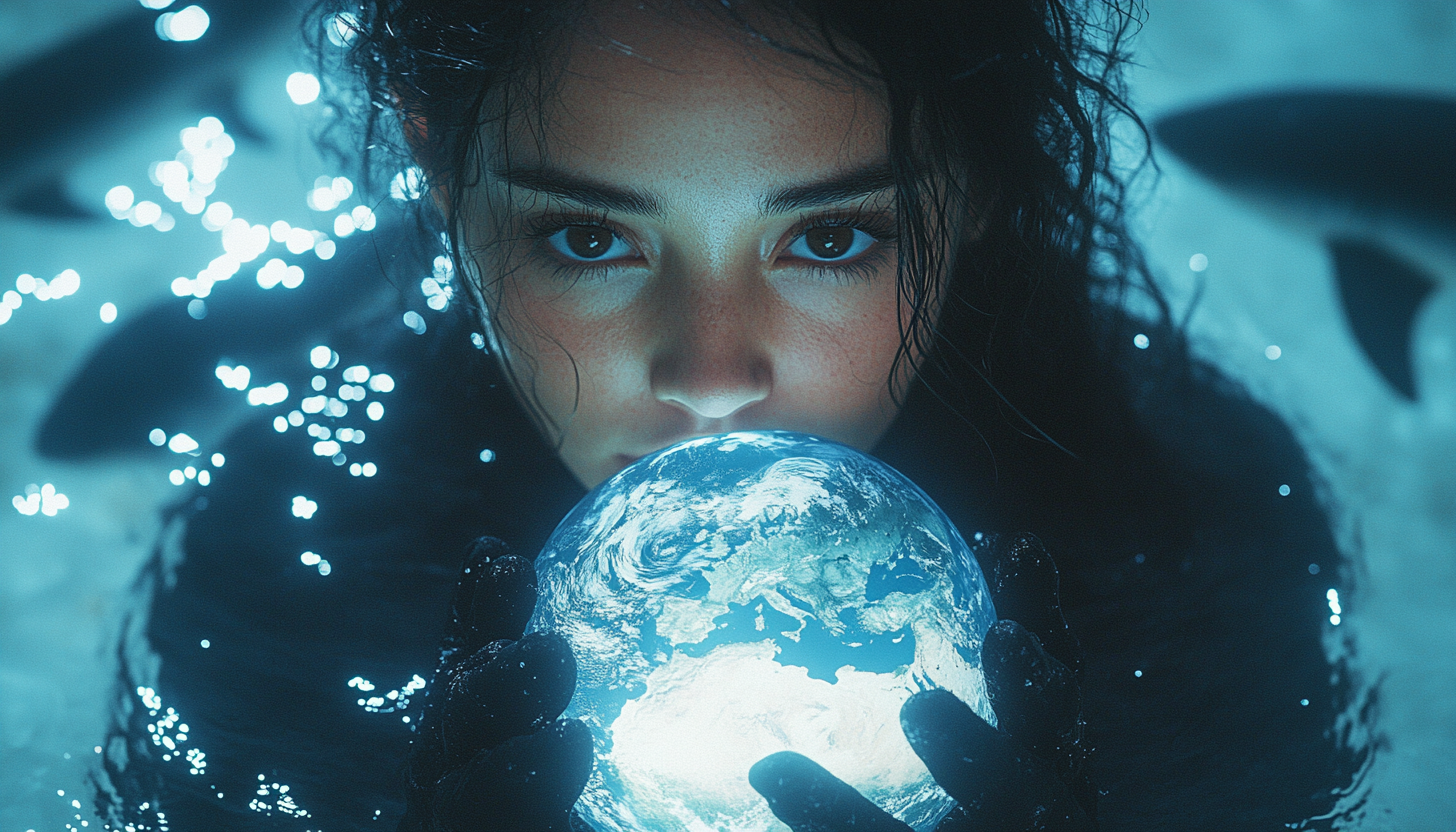 A Brazilian woman holding Earth in purple water