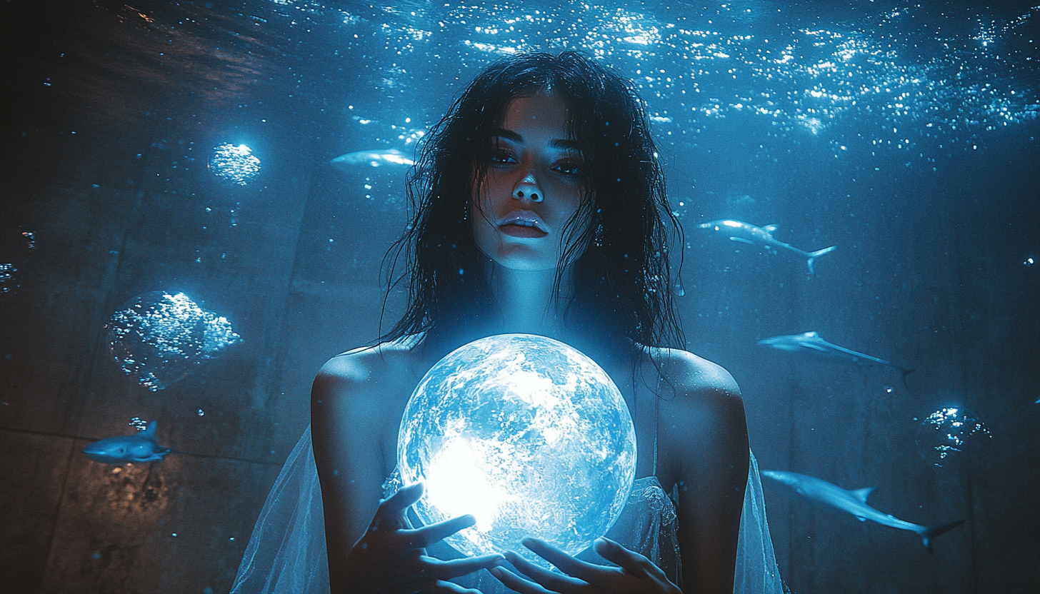 A Brazilian woman in water holding Earth, surrounded by sharks