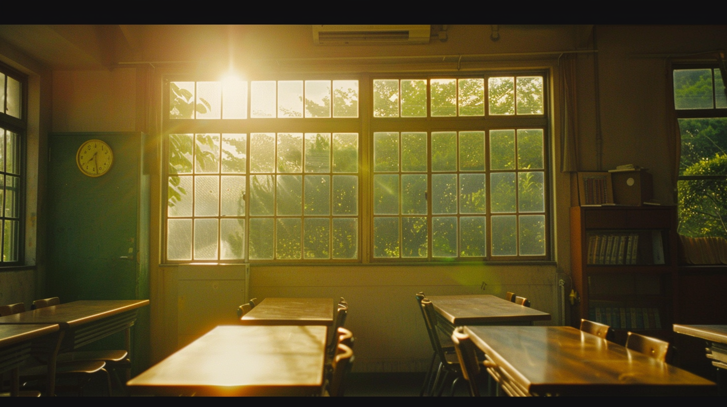 A Bright Japanese Classroom with Sunlight