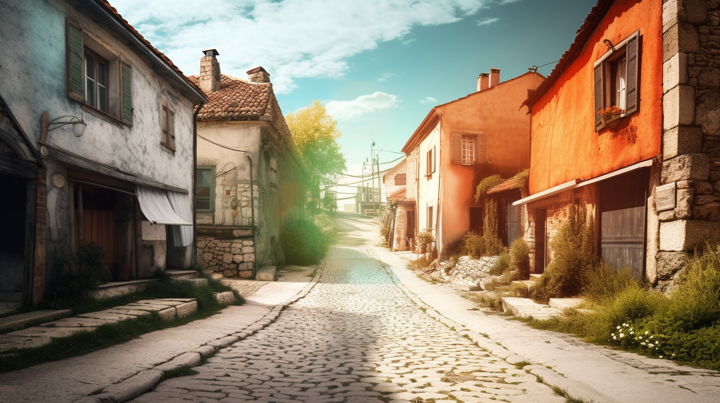 A Bright Village landscape with Street, Photorealistic PowerPoint Background