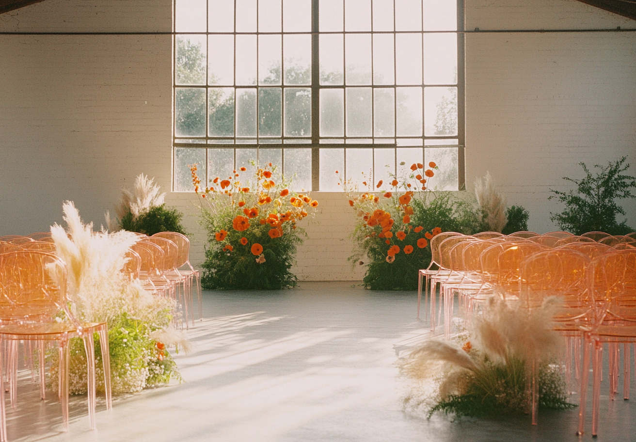 A Bright Wedding Ceremony Decor with Poppies and Grass