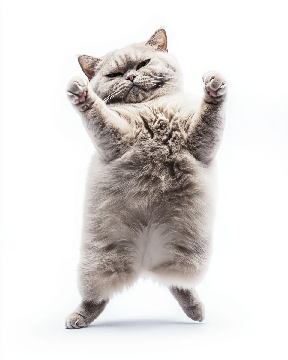 A British Shorthair cat dances gracefully on white.