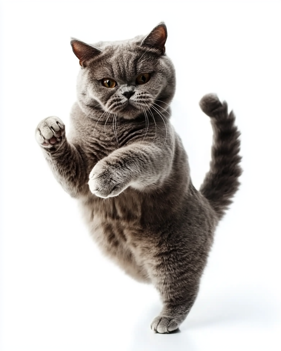 A British shorthair cat dancing happily in gymnastic pose.