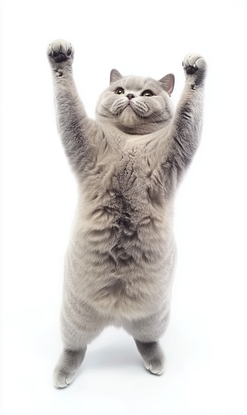 A British shorthair cat standing on two legs.