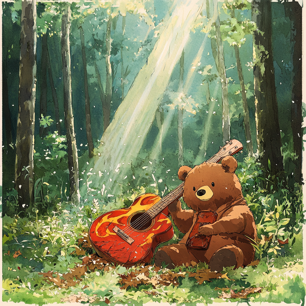 A Brown Bear Discovers Magical Red Guitar