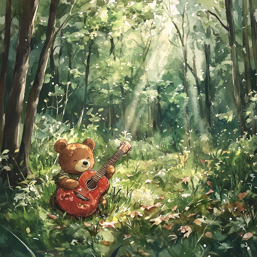 A Brown Bear Discovers a Red Guitar