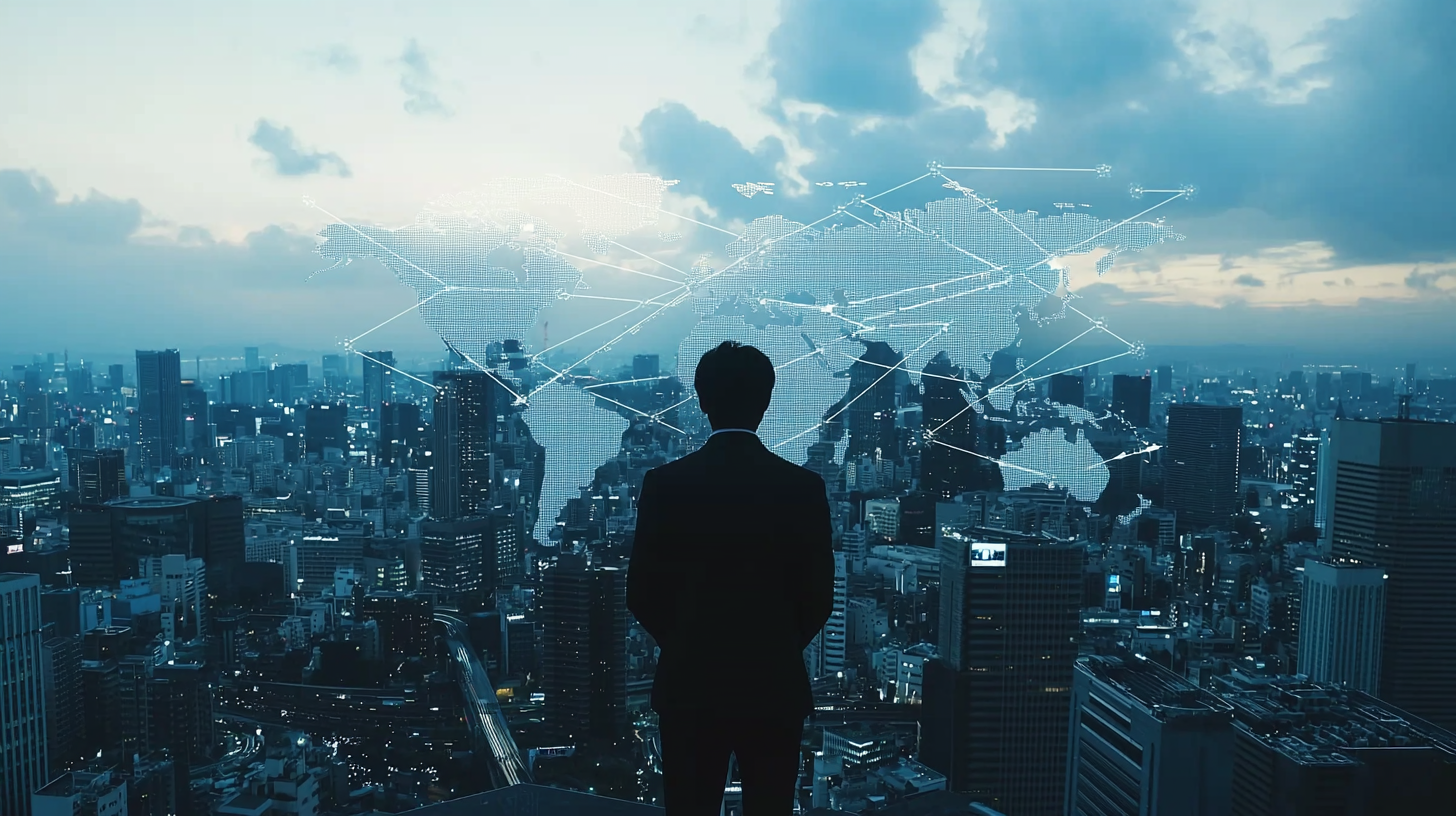 A Business Executive overlooking City Skyline with Map