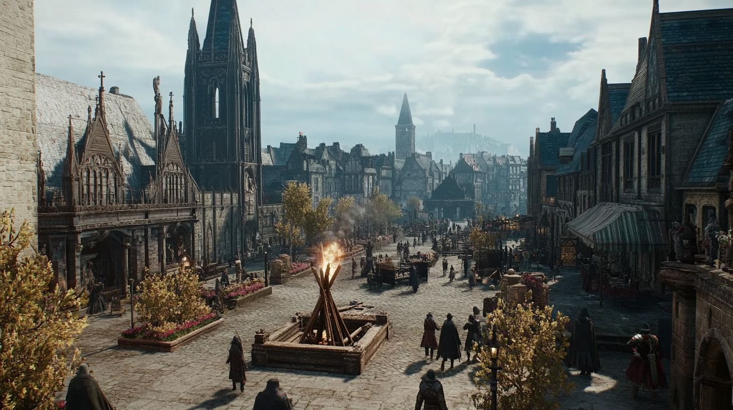 A Bustling Medieval Town Square Under Overcast Sky