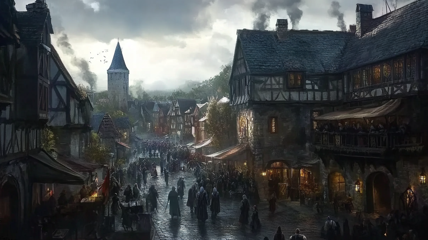 A Bustling Medieval Town under Overcast Skies