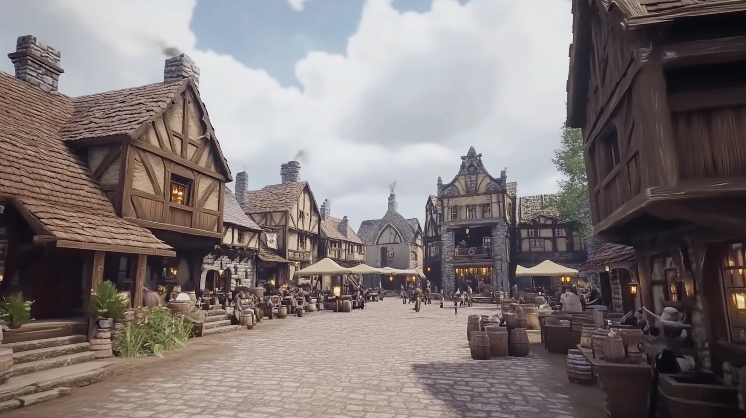 A Busy Medieval Town under Overcast Skies