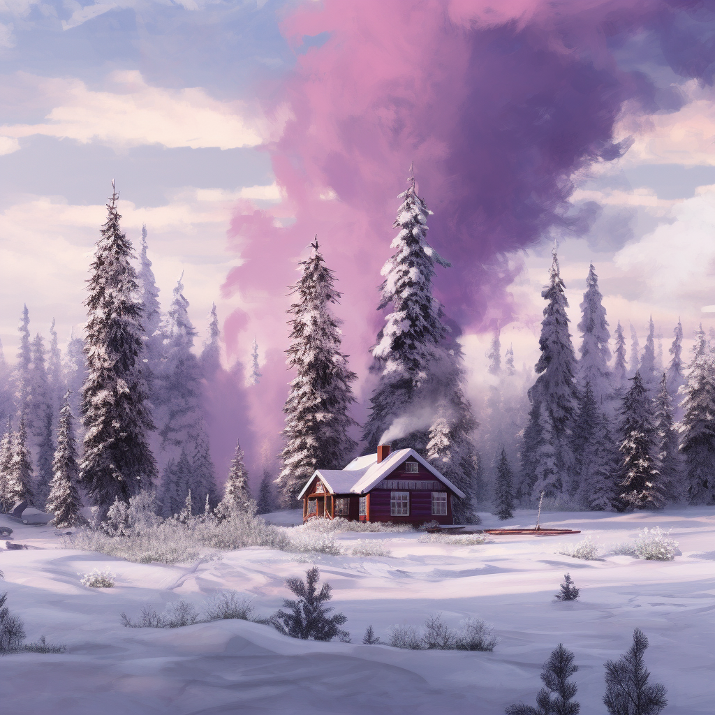 A Cabin in the Snowy Forest with Purple Mountains