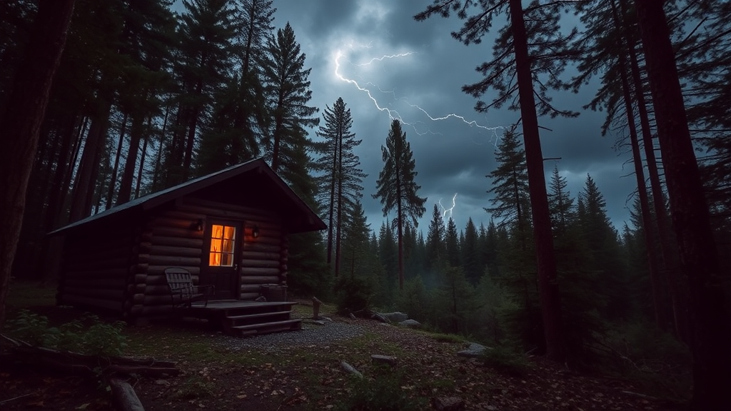 A Cabin in the Woods during Stormy Night