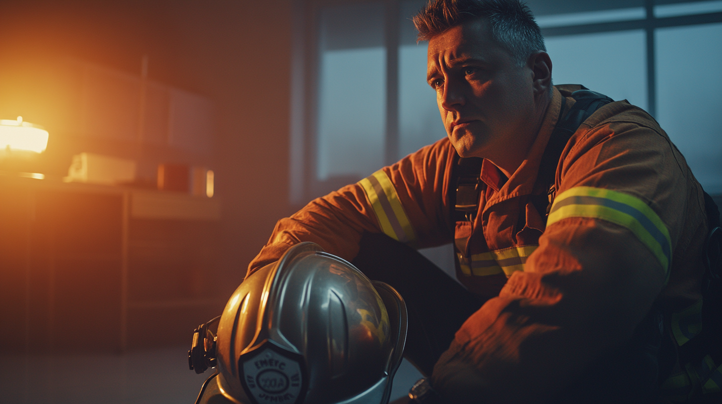 A Calm Firefighter Reflecting in Quiet Room