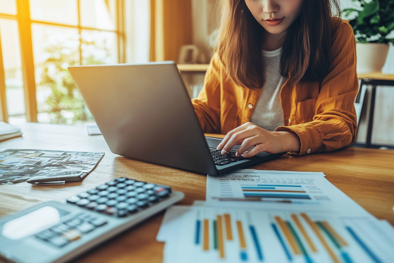 A Calm Japanese Woman Budgeting in Modern Living Room updated