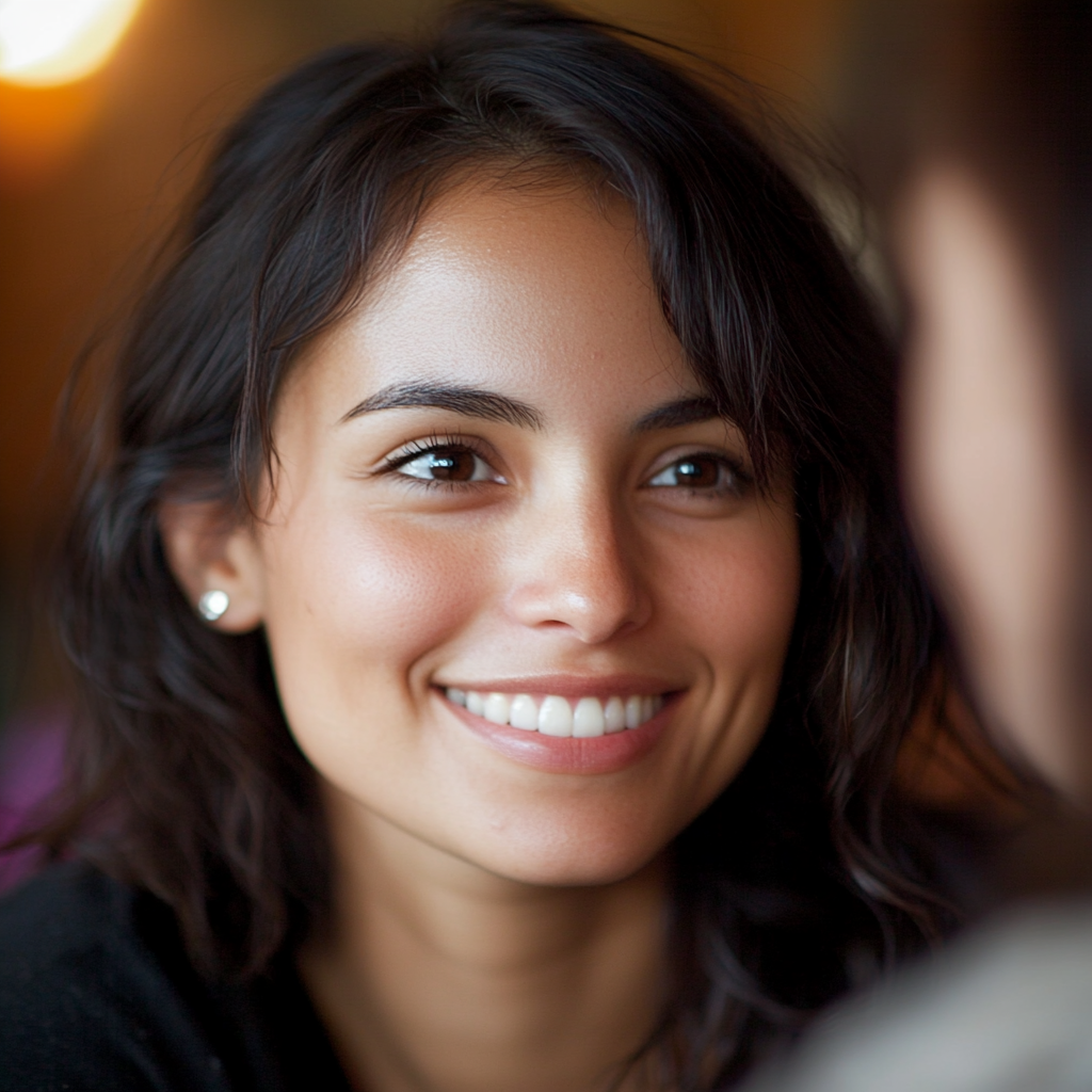 A Calm Latina Woman Smiling With Friend