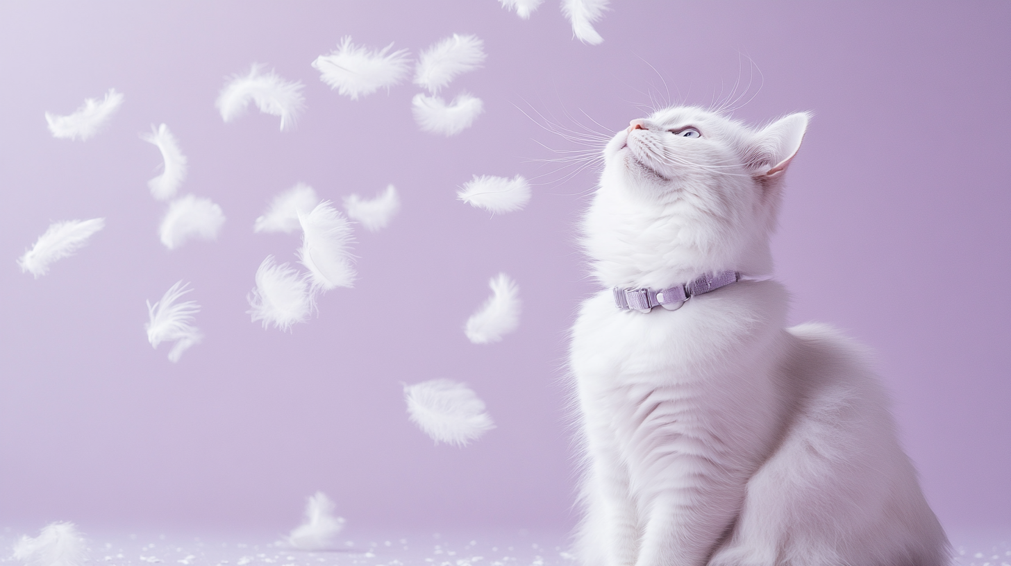 A Calm White Cat Surrounded by Fluffy Feathers