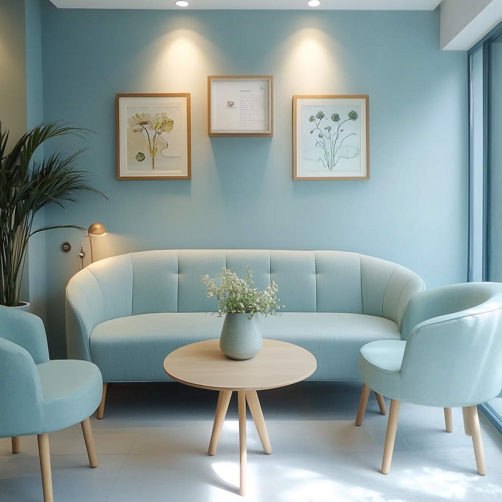 A Calming Blue Waiting Room with Green Accents